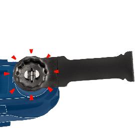 Zusätzlicher Griffaufsatz mit Einstellpfeilen, abgebildet an einem blauen Elektrowerkzeug.