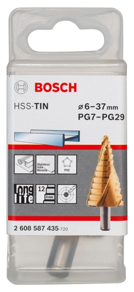 Stufenbohrer HSS-TiN, für Kabelverschraubung, 6 - 37 mm, 10 mm, 93 mm, 12 Stufen Produktbild img2 L