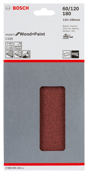 Schleifblatt C430, 115 x 230 mm, 4 x 60, 4 x 120, 2 x 180, 14 Löcher, 10er-Pack Produktbild img2 L