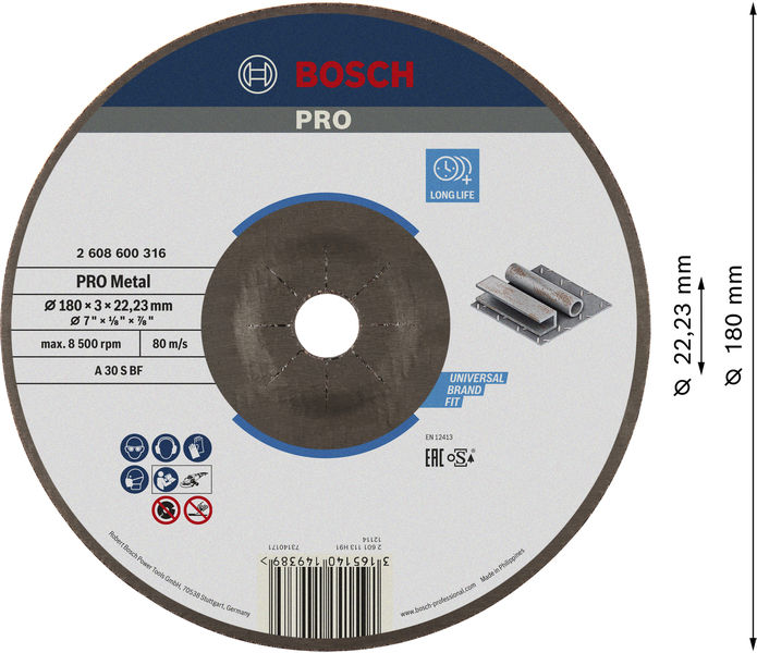 PRO Metal Trennscheibe, 180&nbsp;x&nbsp;3&nbsp;x&nbsp;22.23&nbsp;mm, gekröpft, oSa Produktbild img3 L