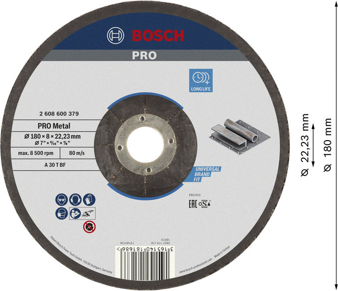 PRO Metal Schleifscheibe, 180&nbsp;x&nbsp;8&nbsp;x&nbsp;22.23&nbsp;mm, oSa Produktbild img3 L