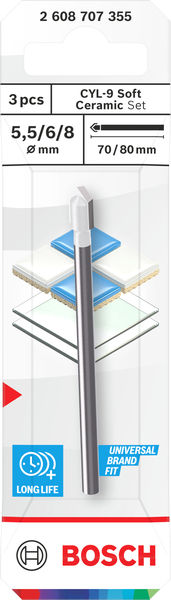 CYL-9  Soft Ceramic Bohrer-Set, 5,5 x 70; 6 x 80; 8 x 80 mm, 3-tlg. Produktbild img2 L