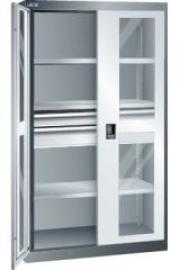Flügeltürenschrank B1100xT641xH1950mm RAL 5012,Sichtfenstertür 3 Böden,2 Schubladen Produktbild