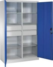 Flügeltürenschrank B1200xT500xH1950 mm RAL7035/5010,4Schubladen mit Trennwand,6Fachböden Produktbild