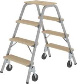 Stahl-Holz-Tritt fahrbar 4 Holzstufen 4 BockrollenHöhe Deckbrett 0,97 m Arbeitshöhe bis 2,80 m Produktbild