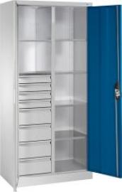 Flügeltürenschrank B1200xT500xH1950 mm RAL7035/5010,8Schubladen mit Trennwand,6Fachböden Produktbild