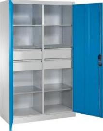 Flügeltürenschrank B1200xT500xH1950 mm RAL7035/5012,4Schubladen mit Trennwand,6Fachböden Produktbild