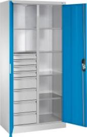 Flügeltürenschrank B1200xT500xH1950 mm RAL7035/5012,8Schubladen mit Trennwand,6Fachböden Produktbild