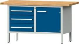 Format Kastenwerkbank B1500xT700xH840mm RAL 7035/5010 BMP: 40 mm 3 Schubladen, 1 Tür Produktbild