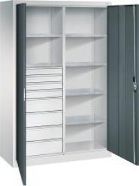 Flügeltürenschrank B1200xT500xH1950 mm RAL7035/7016,8Schubladen mit Trennwand,6Fachböden Produktbild