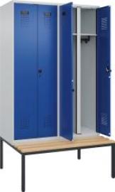 S/W-Gard.-Schrank EVOLO mit untergeb. Sitzbank RAL 7035/5010, 4 Abteile B1200xT500xH2120mm Produktbild