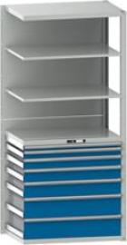 Schubladenregal B1020xT706xH2200 mm Anbaufeld RAL 7035/5012 7 Schubladen, 5 Böden Produktbild