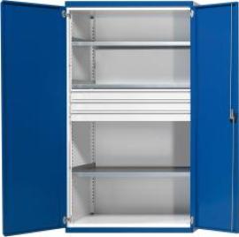 Schwerlastschrank B1085xT690xH1950mm RAL7035/5010 o.Mittelwand3Böden,3Schubladen 200kg Produktbild