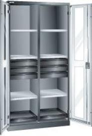 Flügeltürenschrank B1000xT580xH1950mm RAL 5012,Sichtfenstertür 8 Böden,6Schubladen Produktbild