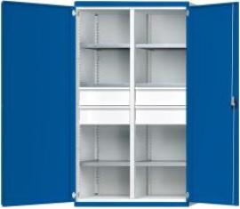 Schwerlastschrank B1085xT630xH1950mm RAL7035/5010 m.Mittelwand6Böden,4Schubladen 100kg Produktbild