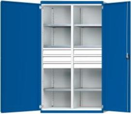 Schwerlastschrank B1085xT690xH1950mm RAL7035/5010 m.Mittelwand6Böden,6Schubladen 200kg Produktbild