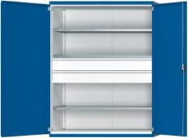 Schwerlastschrank B1485xT630xH1950mm RAL7035/5010 o.Mittelwand3Böden,2Schubladen 100kg Produktbild