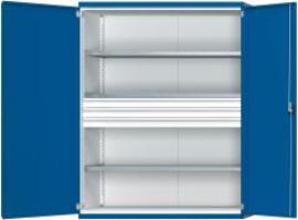 Schwerlastschrank B1485xT630xH1950mm RAL7035/5010 o.Mittelwand3Böden,3Schubladen 100kg Produktbild