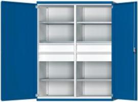 Schwerlastschrank B1485xT690xH1950mm RAL7035/5010 m.Mittelwand6Böden,4Schubladen 200kg Produktbild