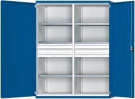 Schwerlastschrank B1485xT630xH1950mm RAL7035/5010 m.Mittelwand6Böden,6Schubladen 100kg Produktbild