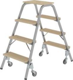 Stahl-Holz-Tritt fahrbar 4 Holzstufen 4 LenkrollenHöhe Deckbrett 0,97 m Arbeitshöhe bis 2,80 m Produktbild