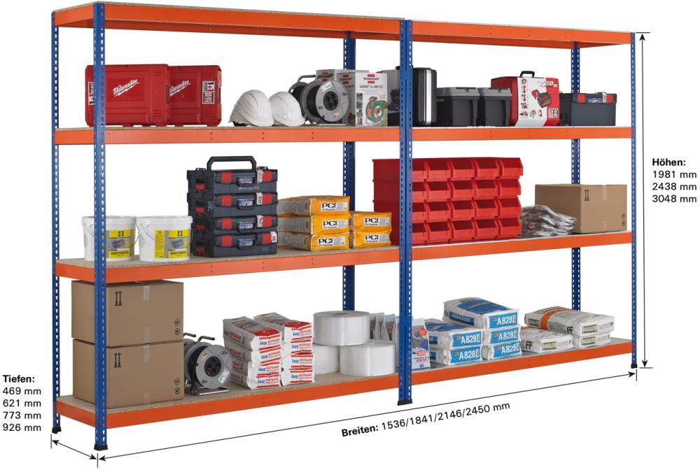 Weitspannregal Z1 blau/orange mit aufgelegter Spanplatte Produktbild img2 L