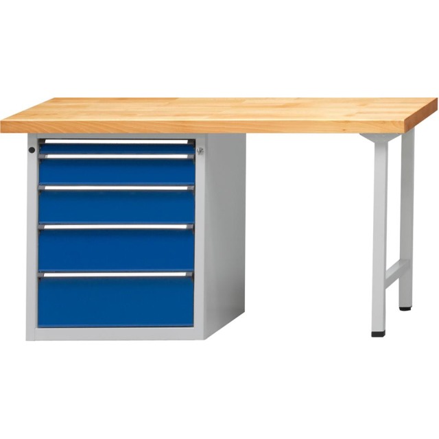 Kombiwerkbank (Serie V) mit Schubladenunterschrank stehend, mit 5 Schubladen (1x60, 1x120, 1x150, 1x180, 1x210 mm), lichtgrau/enzianblau Produktbild img1 L