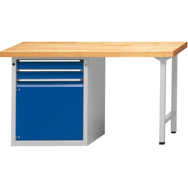 Kombiwerkbank (Serie V) mit Schubladenunterschrank stehend, mit 2 Schubladen (2x90 mm), 1 Tür (540 mm), lichtgrau/enzianblau Produktbild img1 L