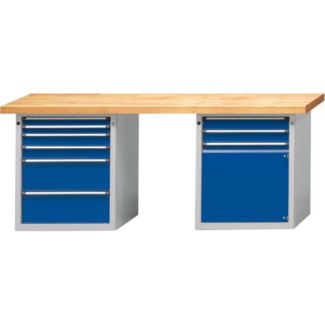 Kombiwerkbank (Serie V) mit 2 x Schubladenunterschränke stehend, mit 8 Schubladen (2x60, 4x90, 2x210 mm), 1 Tür (540 mm), lichtgrau/enzianblau Produktbild img1 L