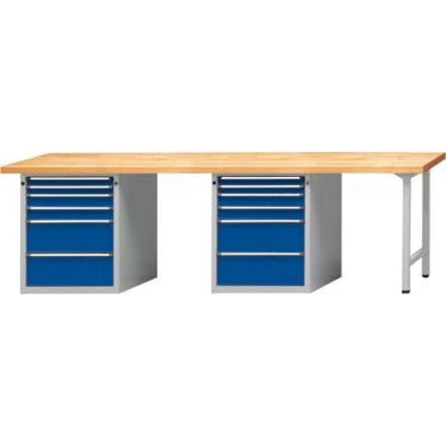 Kombiwerkbank (Serie V) mit 2 Arbeitsplätzen, mit 12 Schubladen (4x60, 4x90, 4x180 mm), lichtgrau/enzianblau Produktbild img1 L