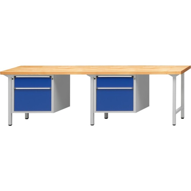 Kombiwerkbank (Serie V) mit 2 Arbeitsplätzen, mit 4 Schubladen hängend (2x180, 2x360 mm), lichtgrau/enzianblau Produktbild img1 L