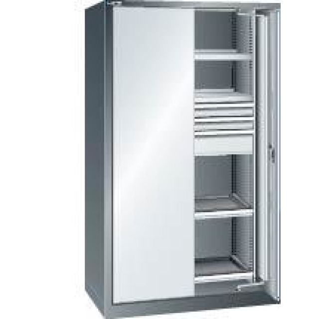 Schwerlastschrank mit Einschwenktüren, 2 Verstellböden, 3 Schubladen und 2 Auszugsböden Produktbild img1 L
