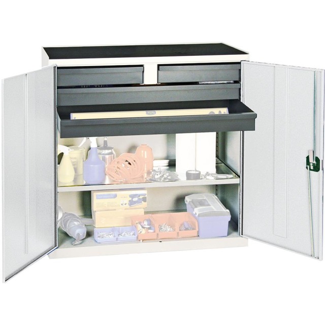 Werkzeug- und Materialschrank Serie 3000, 1000x1000x500 mm, 2 Schubladen 100 mm, 2 Schubladen 100 mm durchgehend, 1 Wannenboden Produktbild img1 L