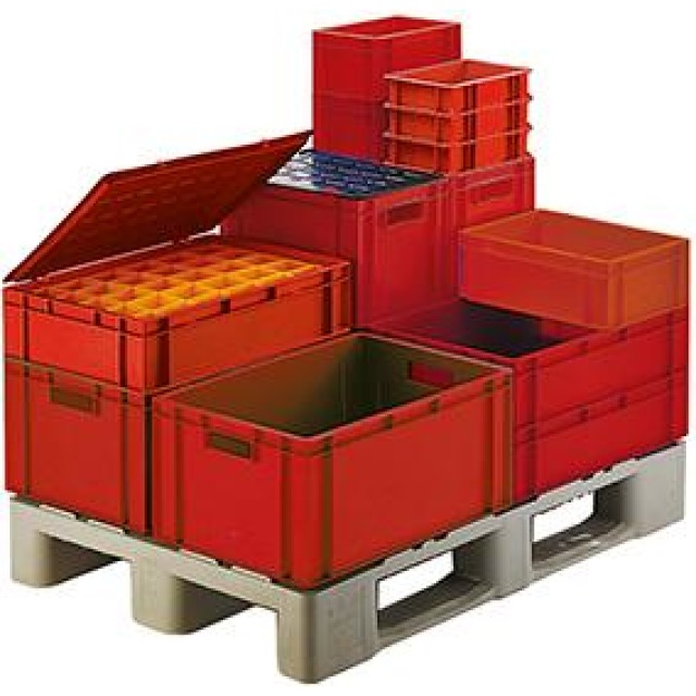 Transport-Stapelkasten, Wände und Boden geschlossen, mit und ohne Grifflochung, rot Produktbild img1 L