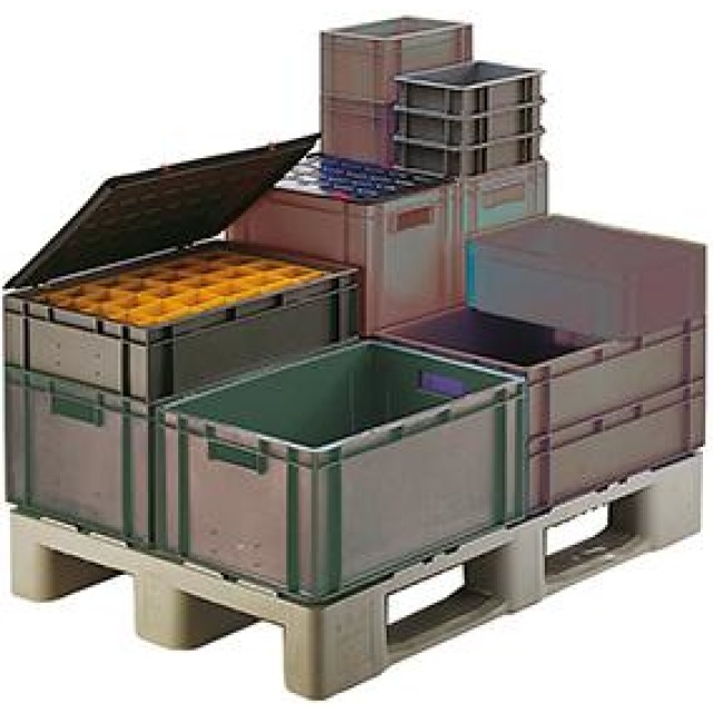 Transport-Stapelkasten, Wände und Boden geschlossen, mit und ohne Grifflochung, grau Produktbild img1 L