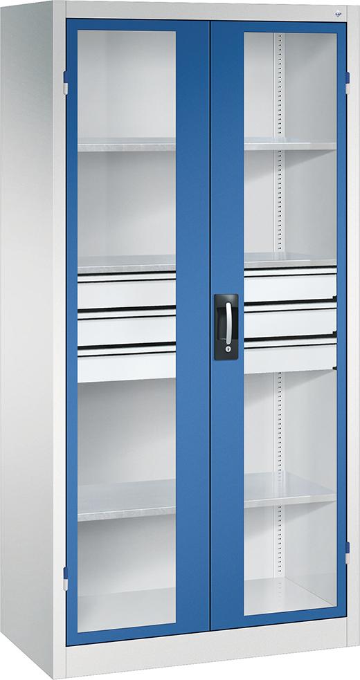 Schwerlastschrank, mit Flügeltüren und Schubladenblock mittig, RAL 7035/5010 Produktbild img1 L