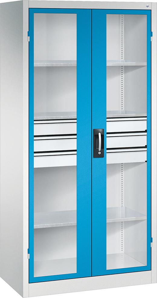 Schwerlastschrank, mit Flügeltüren und Schubladenblock mittig, RAL 7035/5012 Produktbild img1 L