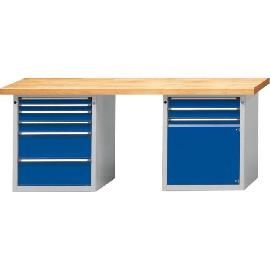 Kombiwerkbank (Serie V) mit 2 x Schubladenunterschränke stehend, mit 8 Schubladen (2x60, 4x90, 2x210 mm), 1 Tür (540 mm), lichtgrau/enzianblau Produktbild