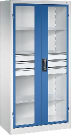 Schwerlastschrank, mit Flügeltüren und Schubladenblock mittig, RAL 7035/5010 Produktbild
