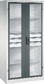 Schwerlastschrank, mit Flügeltüren und Schubladenblock mittig, RAL 7035/7016 Produktbild