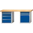Kombiwerkbank (Serie V) mit 2 x Schubladenunterschränke stehend, mit 8 Schubladen (2x60, 4x90, 2x210 mm), 1 Tür (540 mm), lichtgrau/enzianblau Produktbild img1 S