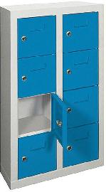 Kleinfach-Wandschrank H815xB460xT200 mm 2x4 Fächer RAL7035/5012 Türen mit Etikettenrahmen Produktbild