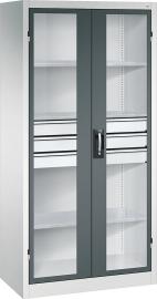 Schwerlastschrank, mit Flügeltüren und Schubladenblock mittig, RAL 7035/7016 Produktbild