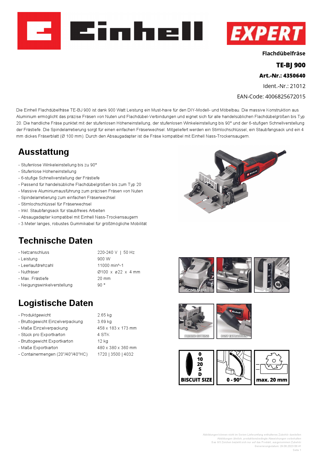 EINHELL Flachdübelfräse TE-BJ 900 Produktbild img3 L