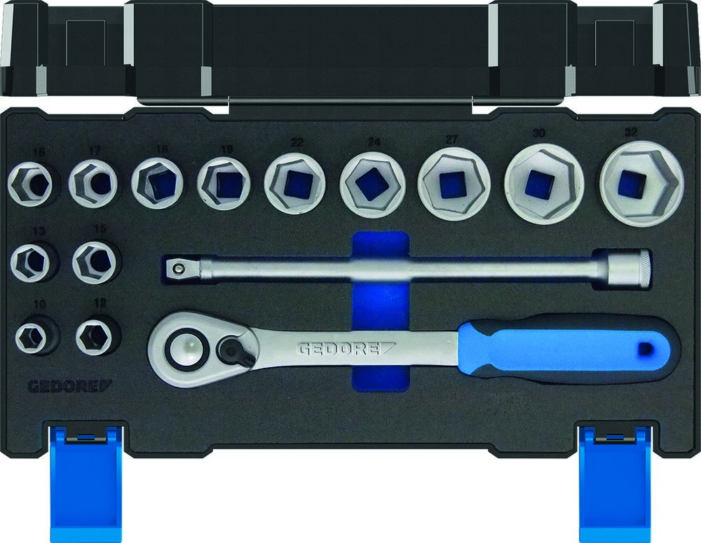 GEDORE Steckschlüsselsatz, Set 15-teilig, 1/2", Nüsse Knarre Bits, 19 DMU 20, Blau Produktbild img1 L