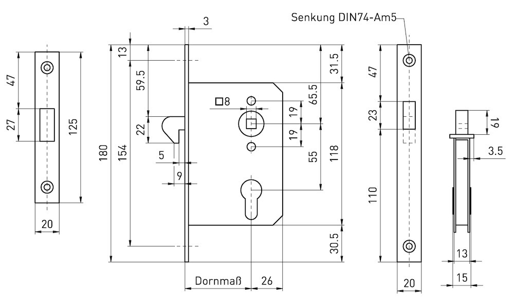 Bever & Klophaus Schiebetürschloss 139 P,mit Hakenfalle,PZ55/8,D55,F20x180ktg,Si Produktbild img2 L