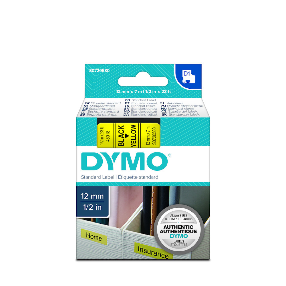 DYMO Schriftband 45018 schwarz/gelb 12mm x 7m Produktbild img1 L