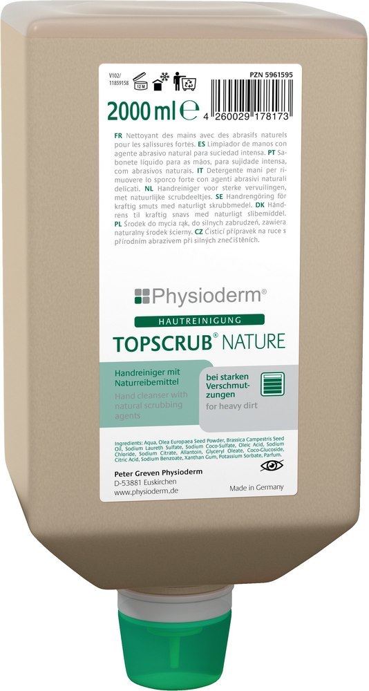Physioderm TOPSCRUB® NATURE Handreiniger parfümiert mit Bioreibemittel, 2L Varioflasche Produktbild img1 L