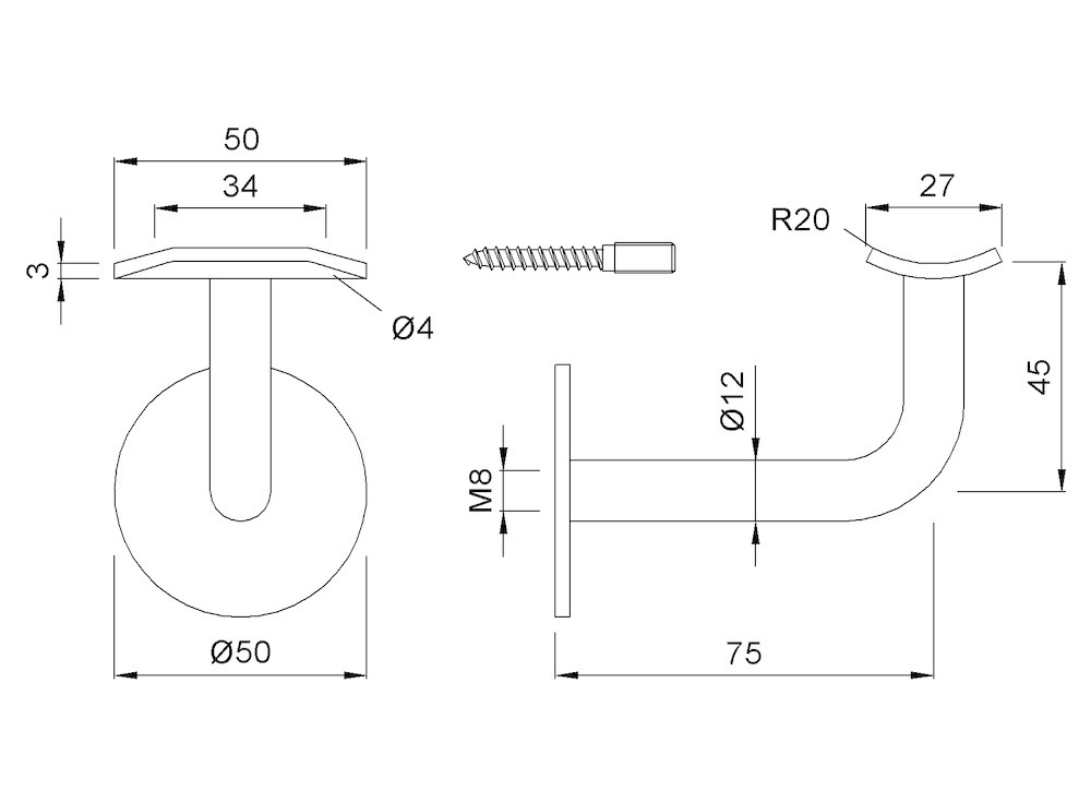 KWS GA-Handlaufstütze, 4570, mit gewölbter Auflage, Stahl, silber einbrennlackiert Produktbild img2 S