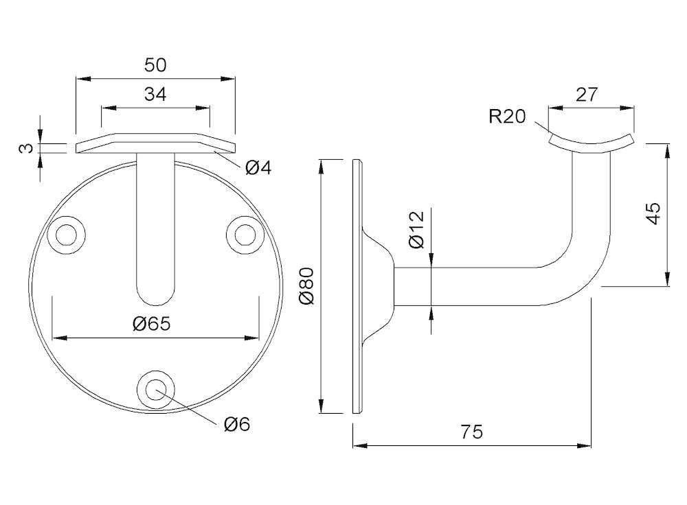KWS GA-Handlaufstütze, 4574, mit gewölbter Auflage, Stahl, silber einbrennlackiert Produktbild img2 S